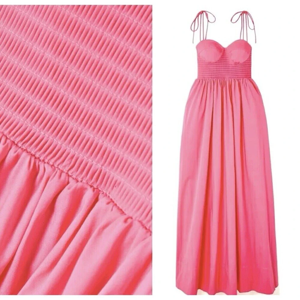 STAUD Landry Shoulder-Tie Smocked Maxi Dress L Wedding Guest Picnic Romantic